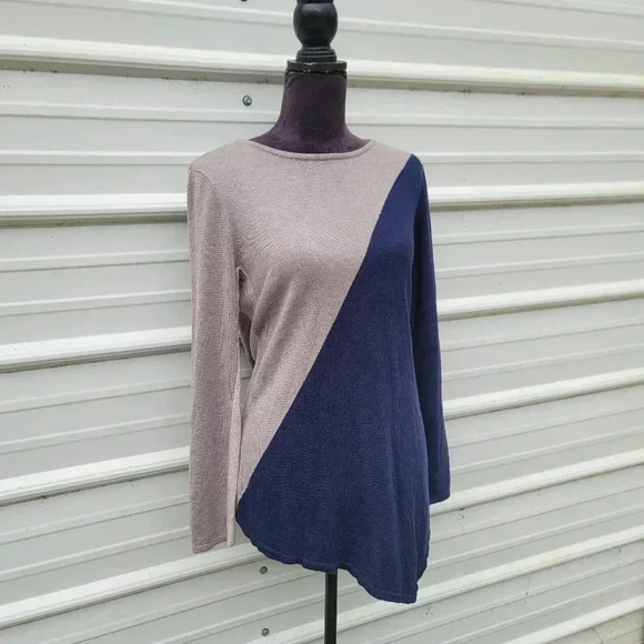 Chelsea & Theodore Womens Asymmetrical Sweater Cashmere Beige Navy Long Sleeve M - Picture 3 of 7